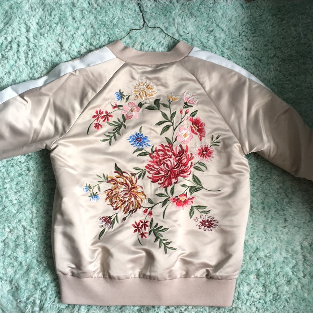 Tan and white Forever 21 bomber jacket